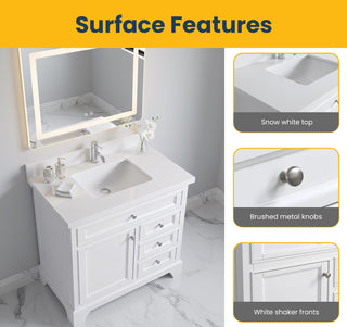 36" White Freestanding Single Sink Bathroom Vanity with Snow White Countertop
