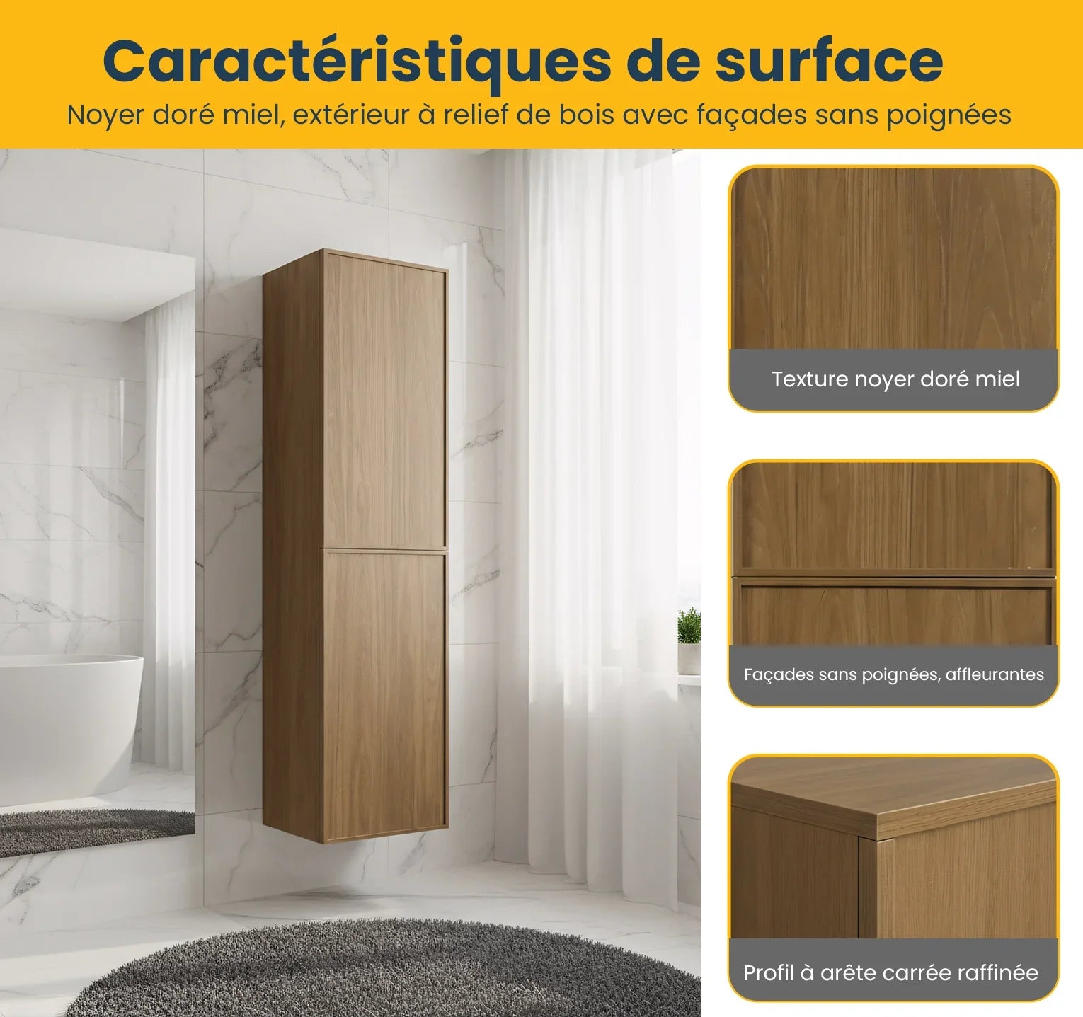 Armoire à Linge Mural de Salle de Bain - Noyer Miel Doré