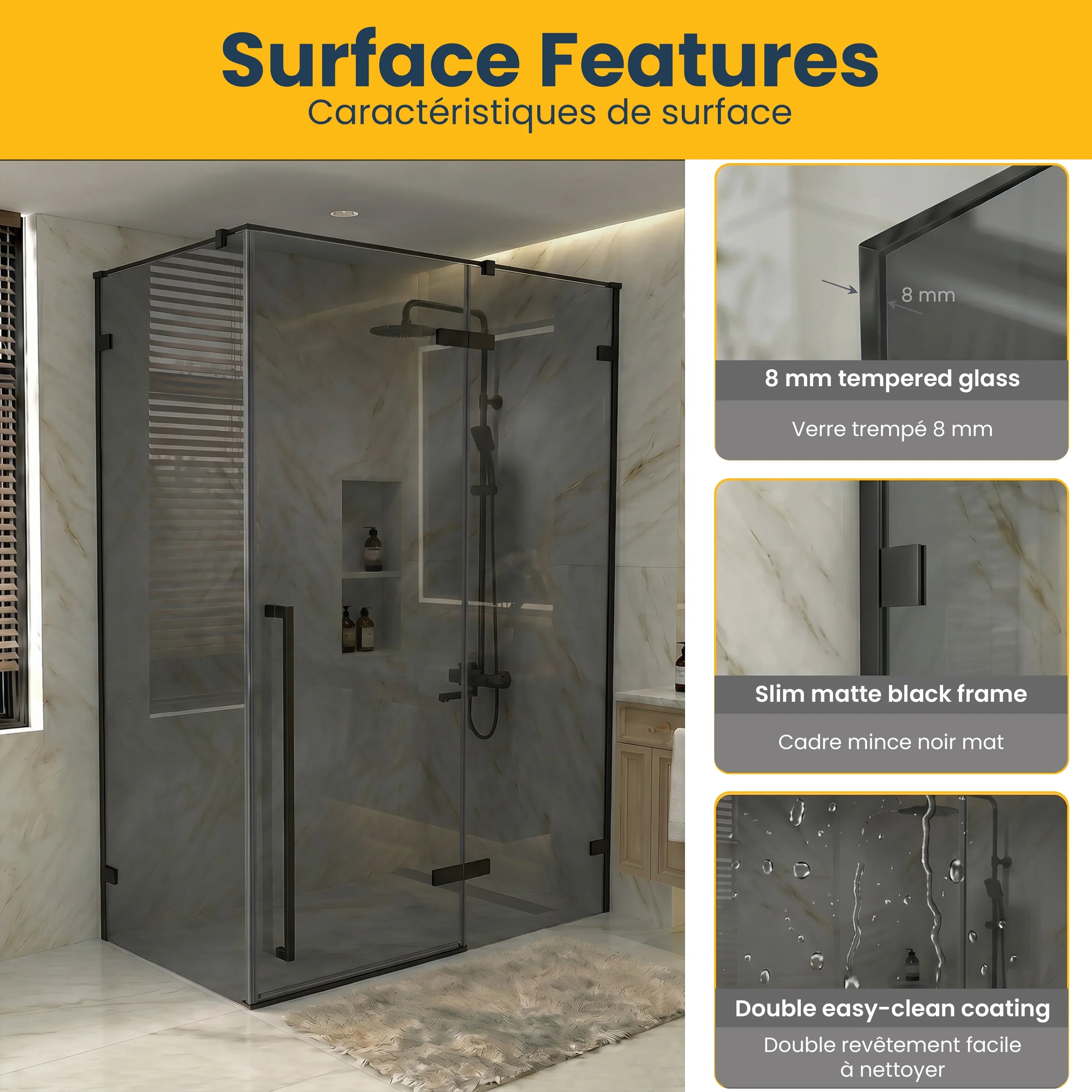 Porte de douche pivotante réversible 57,6po–58po noir mat avec verre teinté noir et panneau latéral 30,2po–30,5po