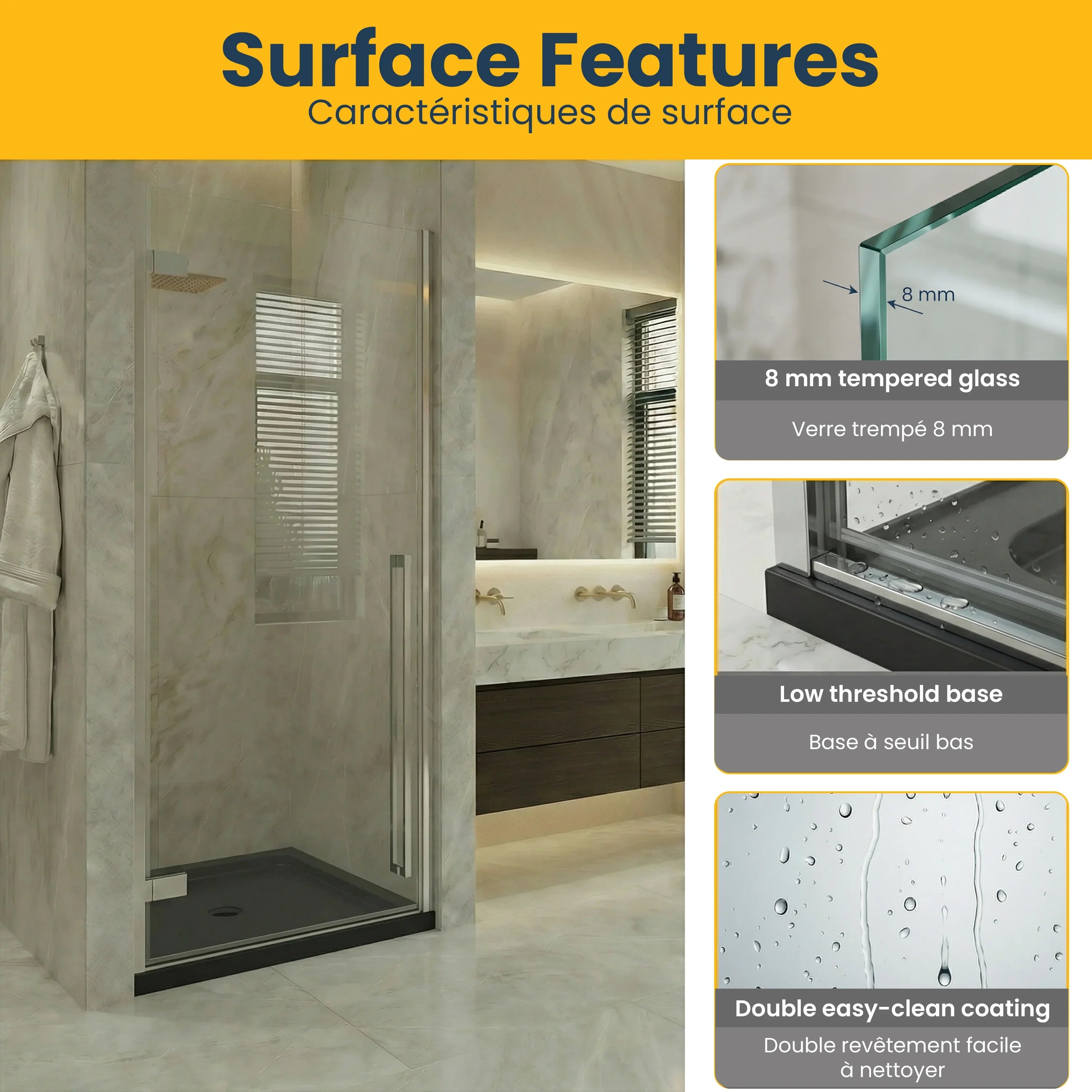 29.9"–30.3" x 79" Reversible Chrome Pivot Shower Door with 32" Glossy Black Acrylic Shower Base