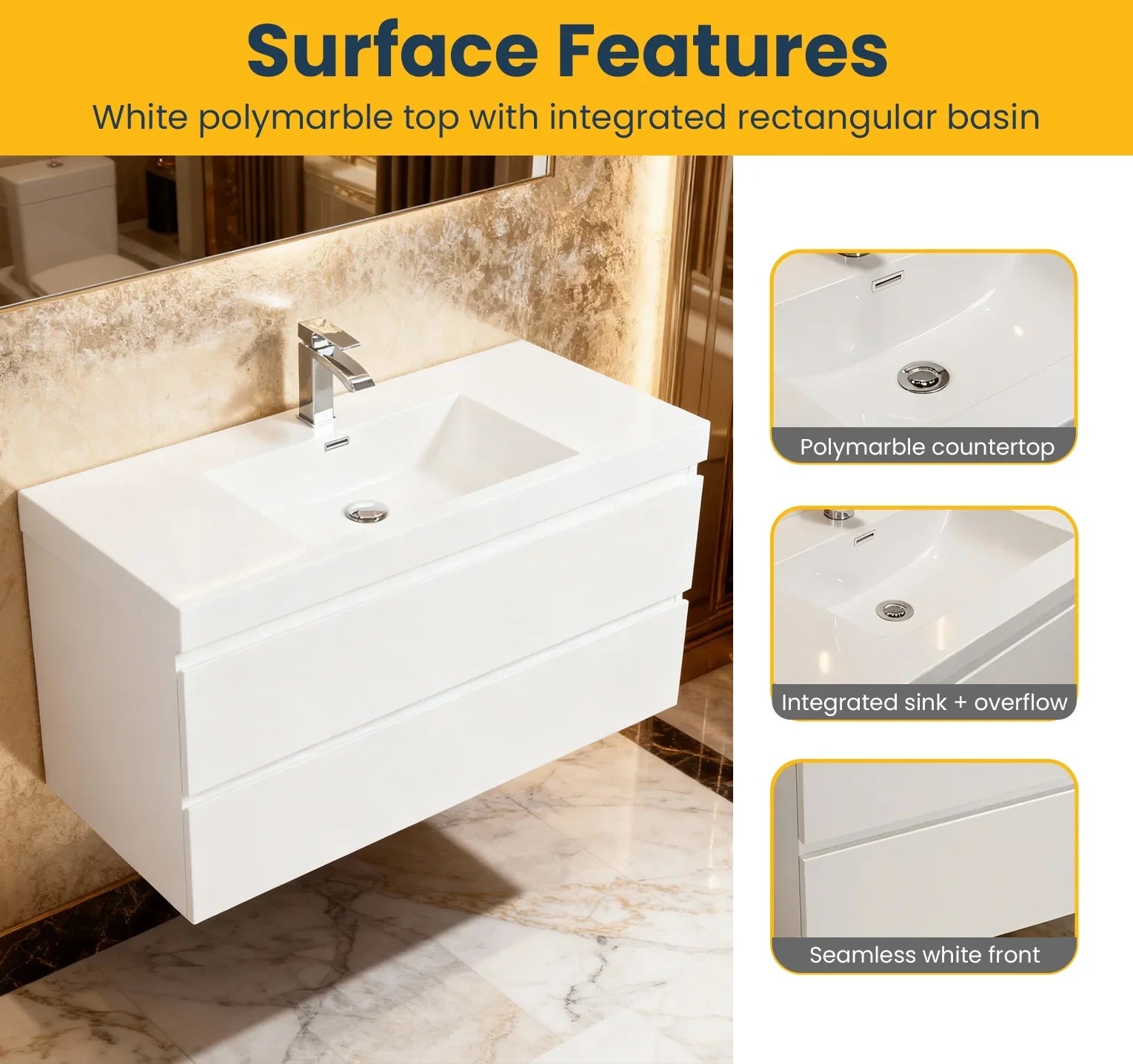 42" Glossy White Wall Mount Bathroom Vanity with White Polymarble Countertop