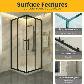 36" x 36" x 79" Reversible Corner Sliding Shower Door in Matte Black with Clear Glass and 36" x 36" Glossy White Acrylic Shower Base with Corner Drain