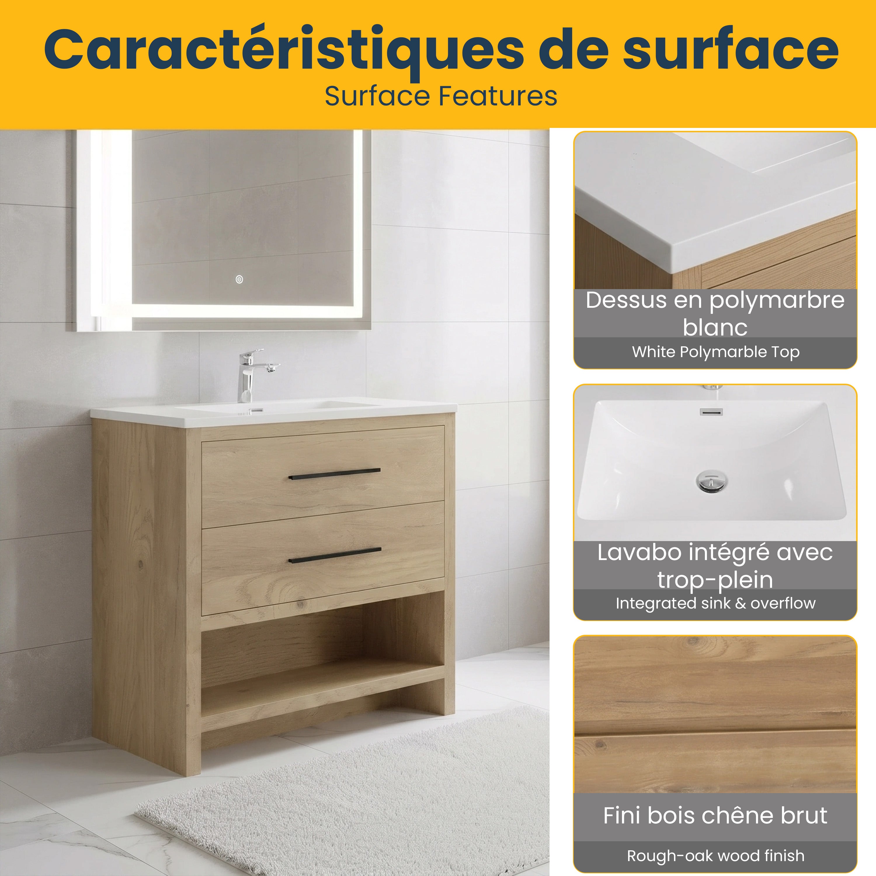 Meuble-lavabo autoportant en chêne brut 36" avec Comptoir en polymarbre blanc