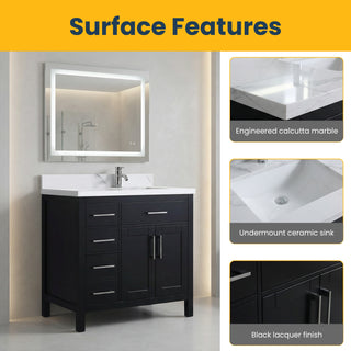 36" Black Freestanding Single Sink Bathroom Vanity with Engineered Calcutta Marble Countertop