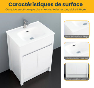 Meuble-Lavabo Autoportant 24po Blanc Mat avec Comptoir de Céramique Blanc