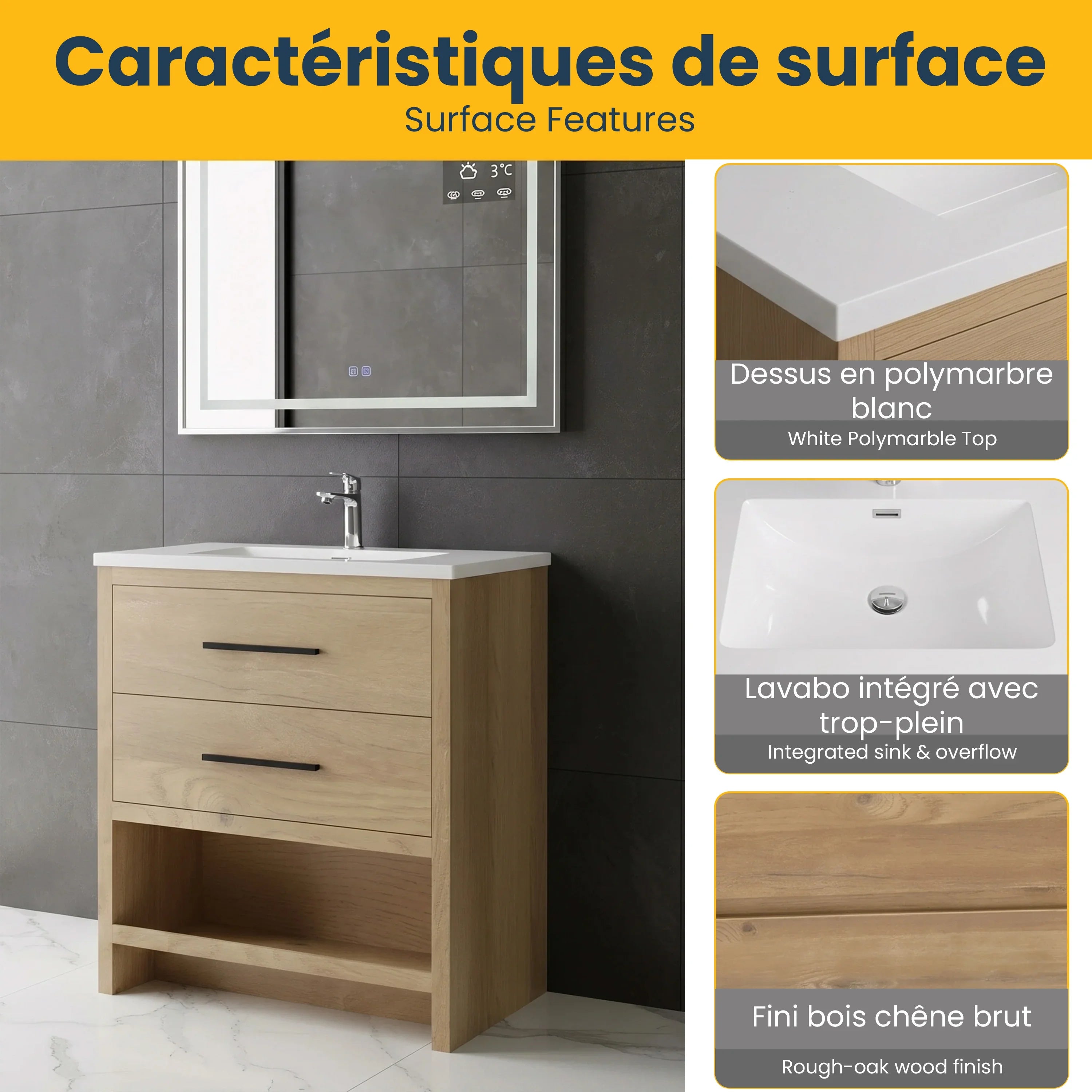 30" Rough Oak Freestanding Bathroom Vanity with White Polymarble Countertop