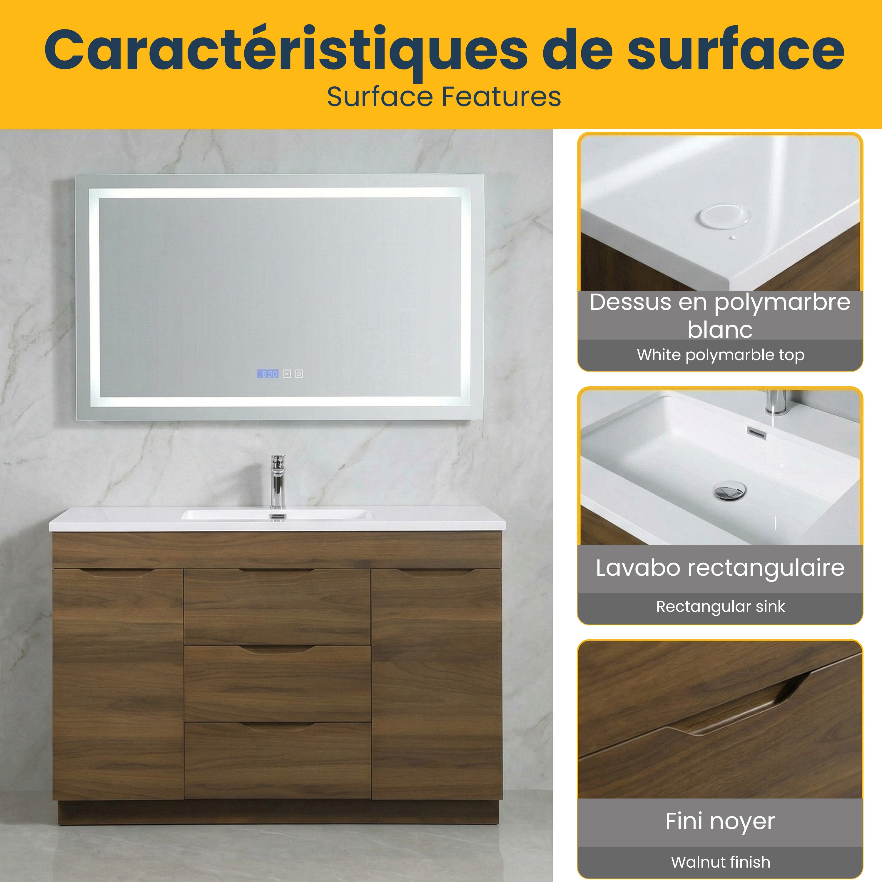 48" Walnut Freestanding Single Sink Bathroom Vanity with White Polymarble Countertop