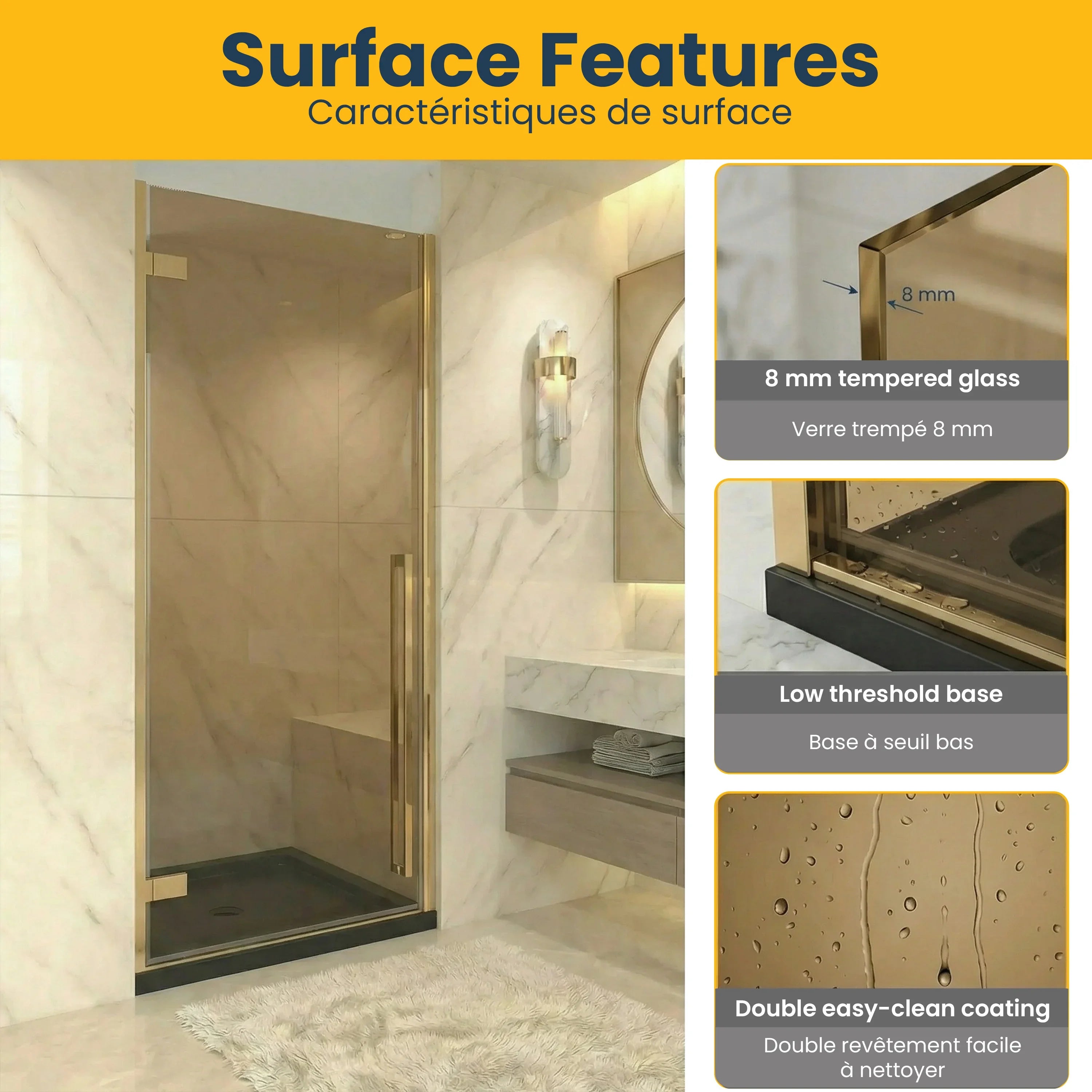 Porte de douche pivotante réversible or brossé 32po x 79po avec verre teinté brun et base de douche noire brillante 32po x 32po