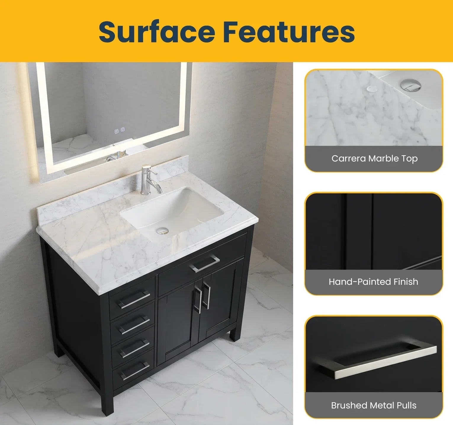 Meuble Lavabo Autoportant Noir 36po avec Comptoir en Marbre Carrera
