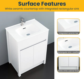 Meuble-Lavabo Autoportant 24po Blanc Mat avec Comptoir de Céramique Blanc