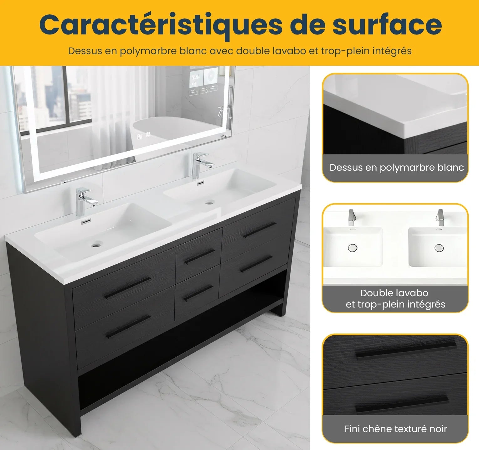 60" Black Oak Freestanding Double Sink Bathroom Vanity with White Polymarble Countertop