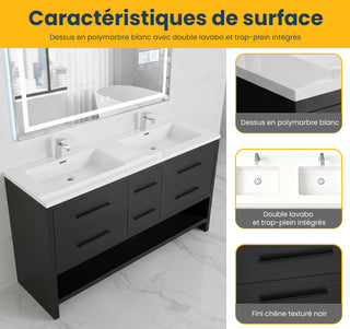 60" Black Oak Freestanding Double Sink Bathroom Vanity with White Polymarble Countertop