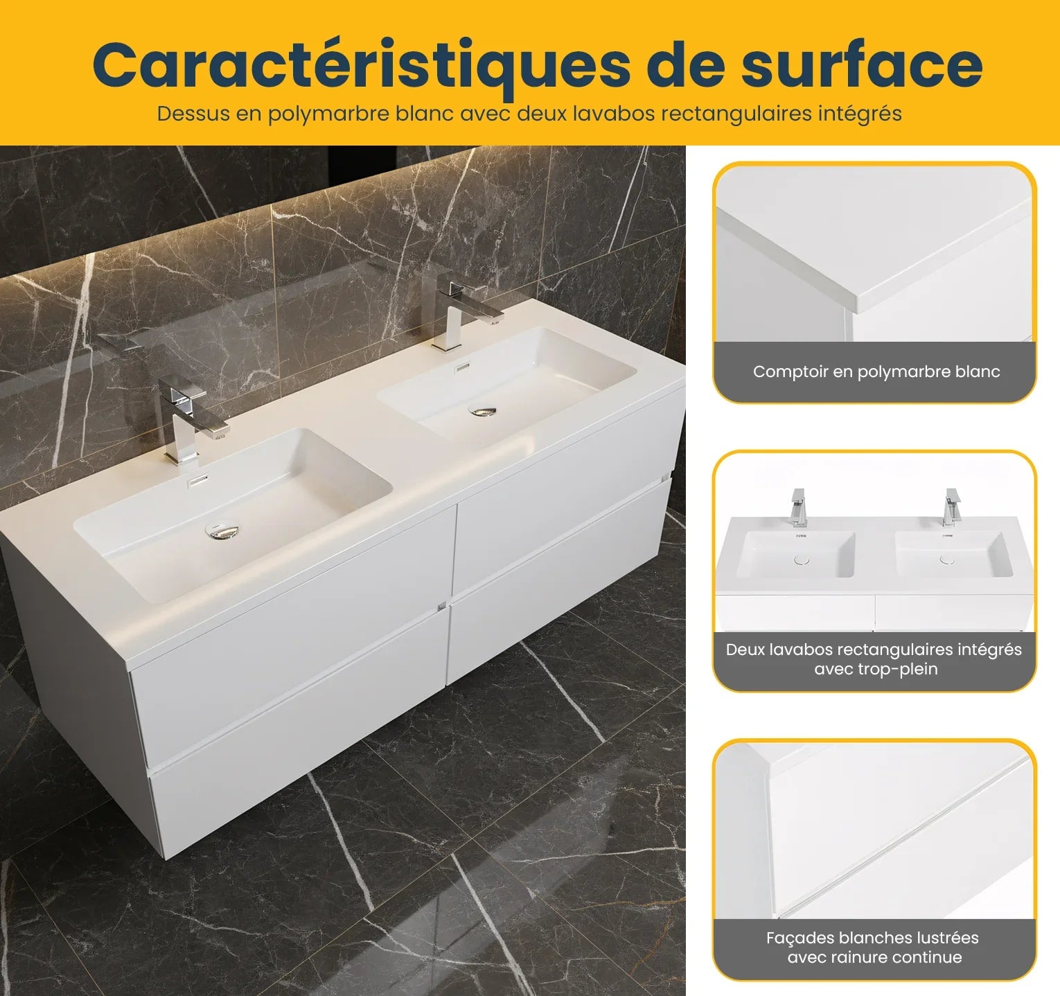 60" White Wall Mount Double Sink Bathroom Vanity with White Polymarble Countertop