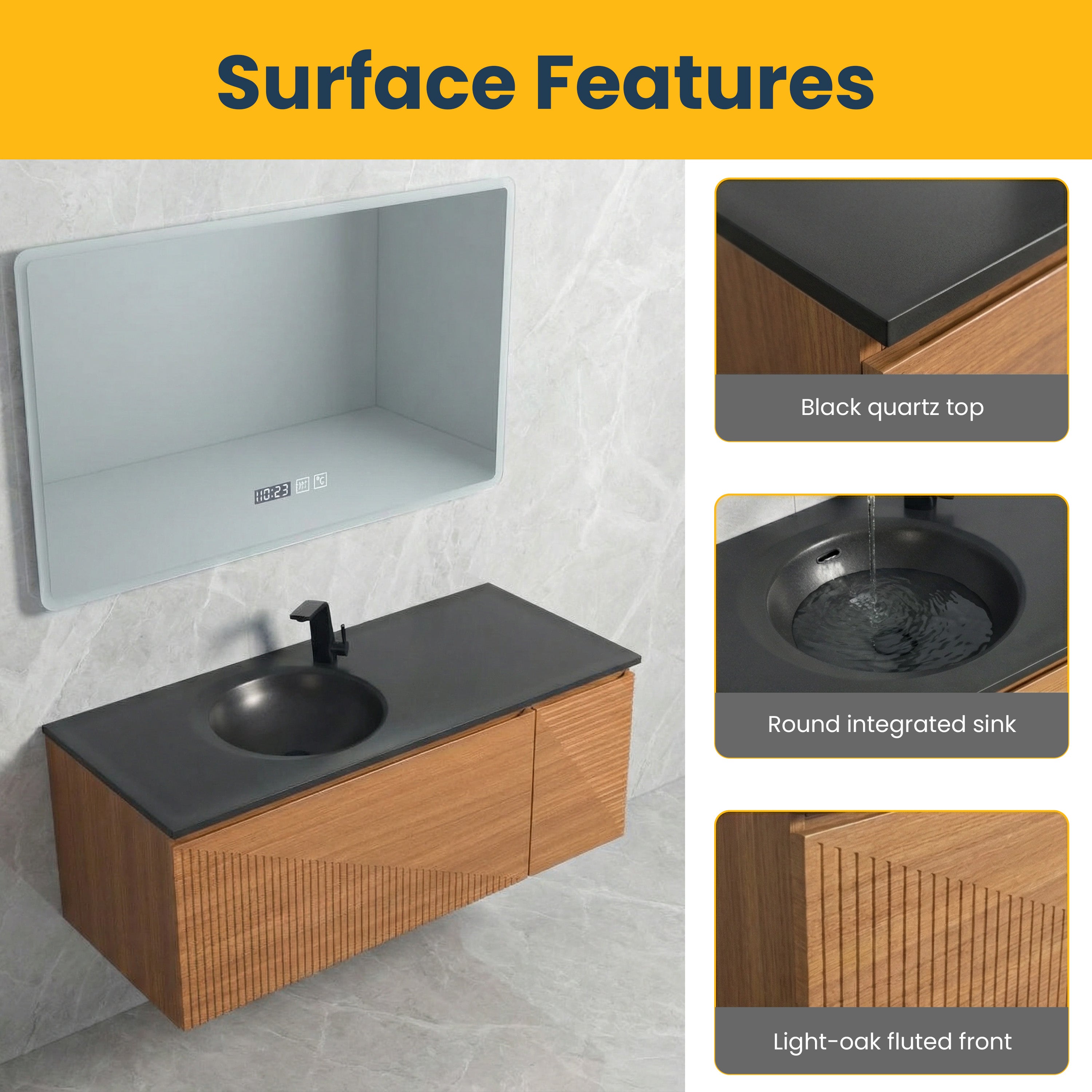 Meuble-Lavabo Mural 48po Chêne Clair avec Comptoir de Quartz d'ingénierie Noir