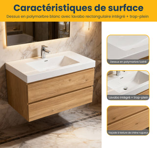 36" Rough Oak Wall Mount Bathroom Vanity with White Polymarble Countertop