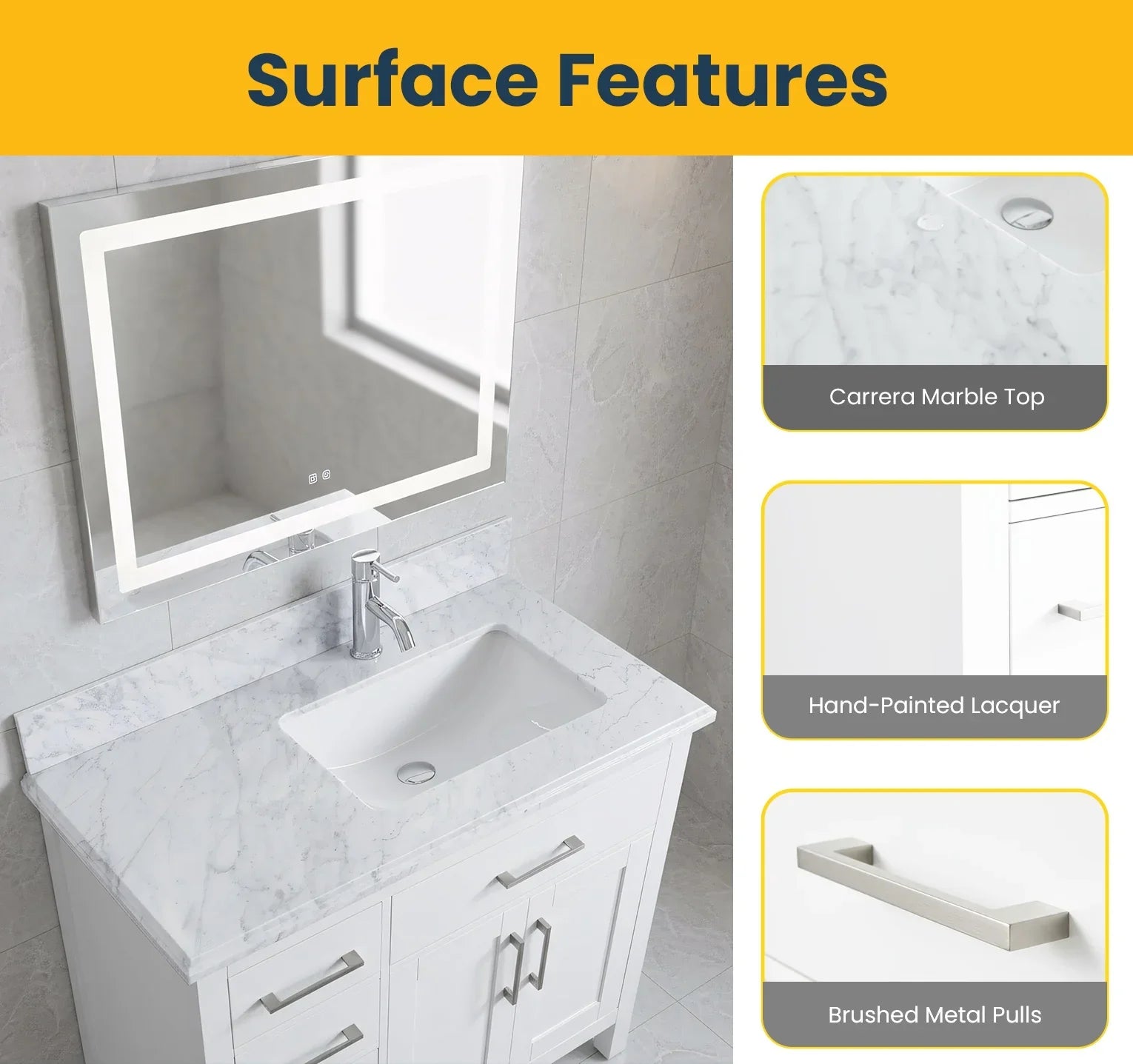 36" White Freestanding Single Sink Bathroom Vanity with Carrera Marble Countertop