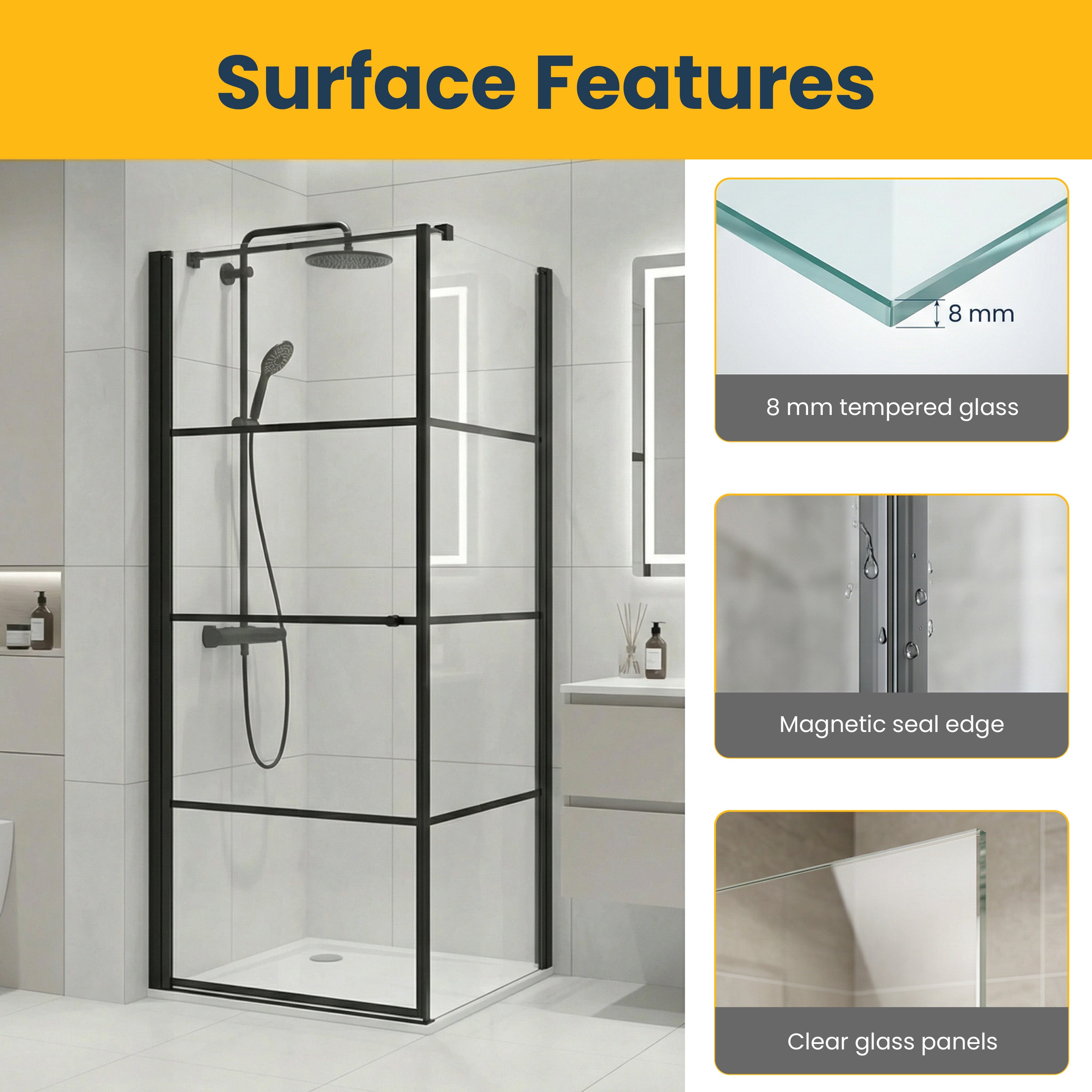 Cabine de Douche Coin 36po x 36po Noir Mat avec Porte Pivotante