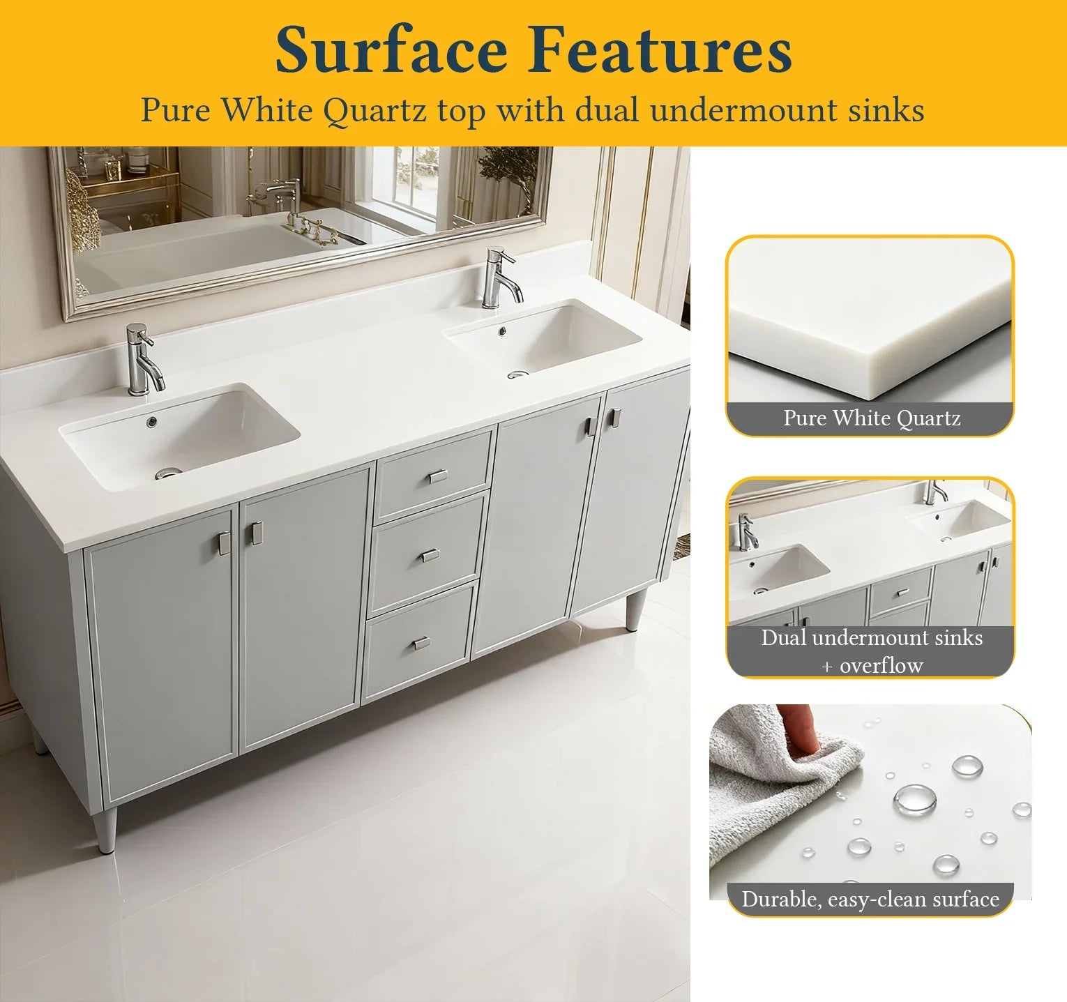 60" Hampton Grey Double Sink Freestanding Vanity with Pure White Quartz Countertop