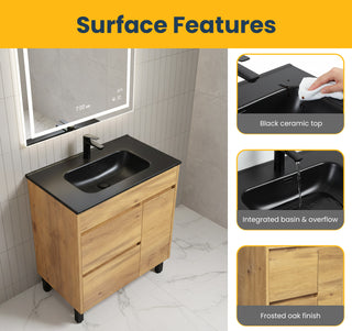 30" Frosted Oak Freestanding Single Sink Bathroom Vanity with Black Ceramic Countertop