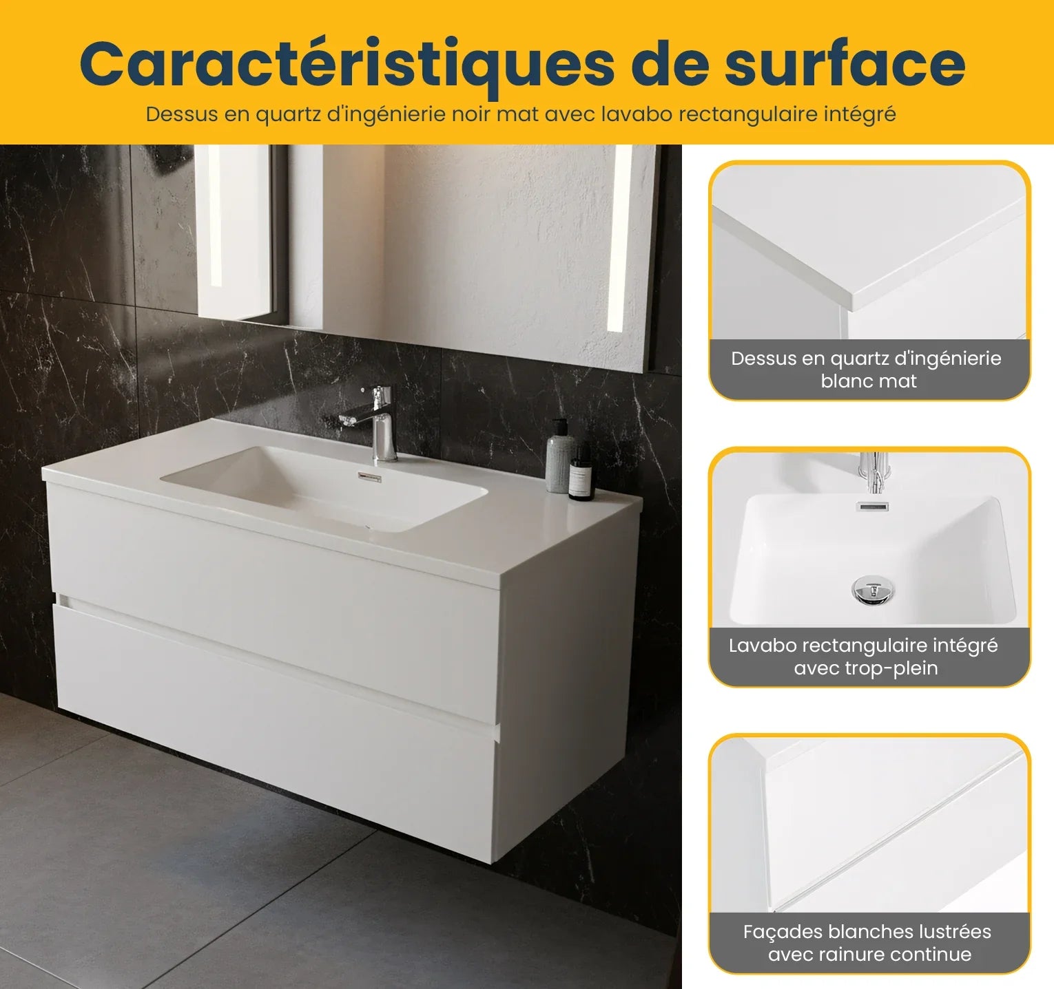 Meuble Lavabo Mural Blanc 40po avec Comptoir en Polymarbre
