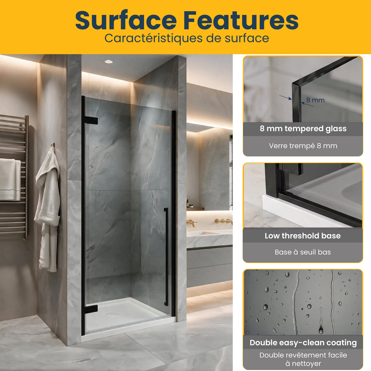 33.9"–34.3" W (Adjustable Width) x 79" H Frameless Reversible Pivot Shower Door in Matte Black with Black Tinted Glass & 36" White Acrylic Shower Base