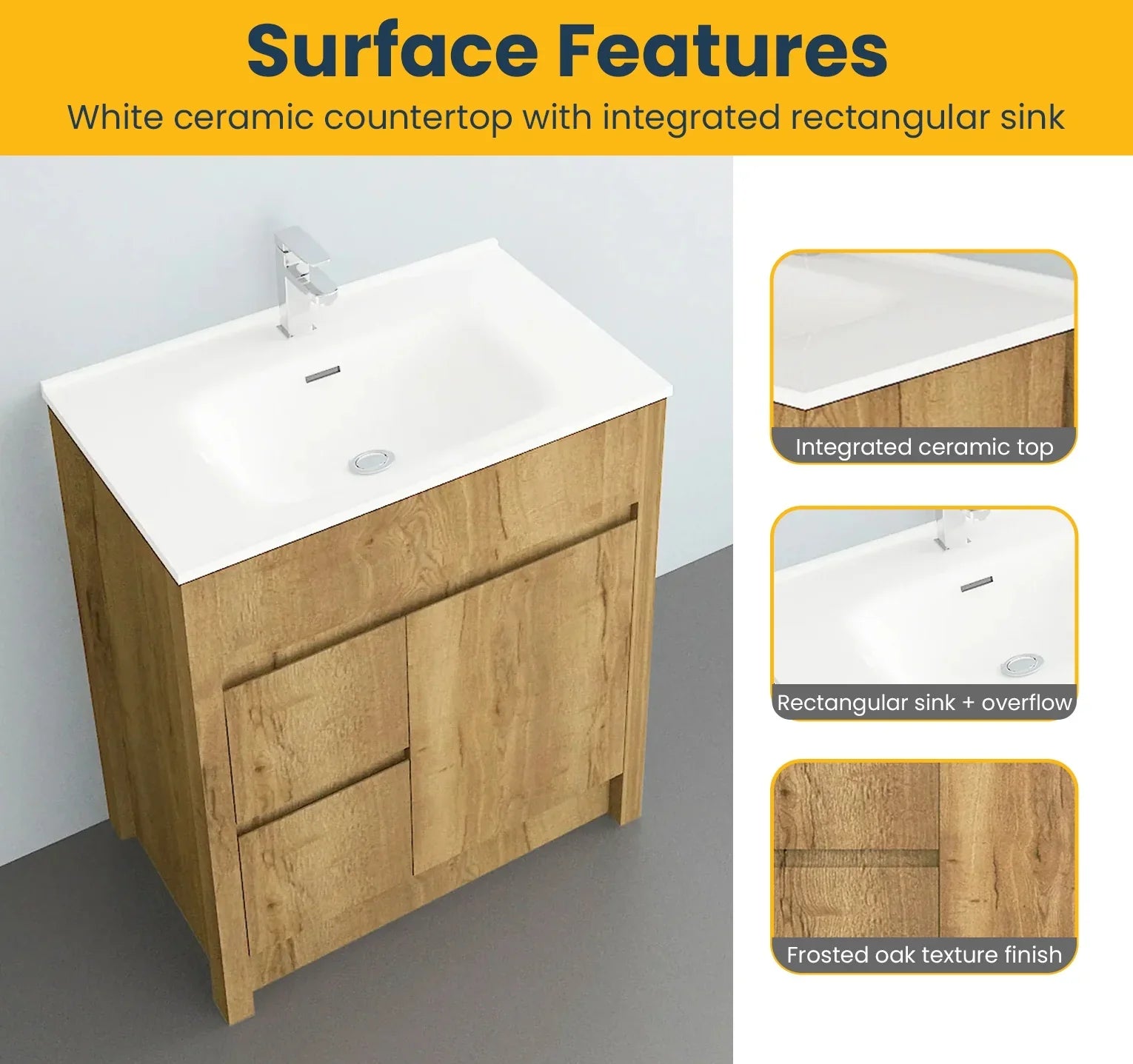 30" Frosted Oak Freestanding Bathroom Vanity with White Ceramic Countertop