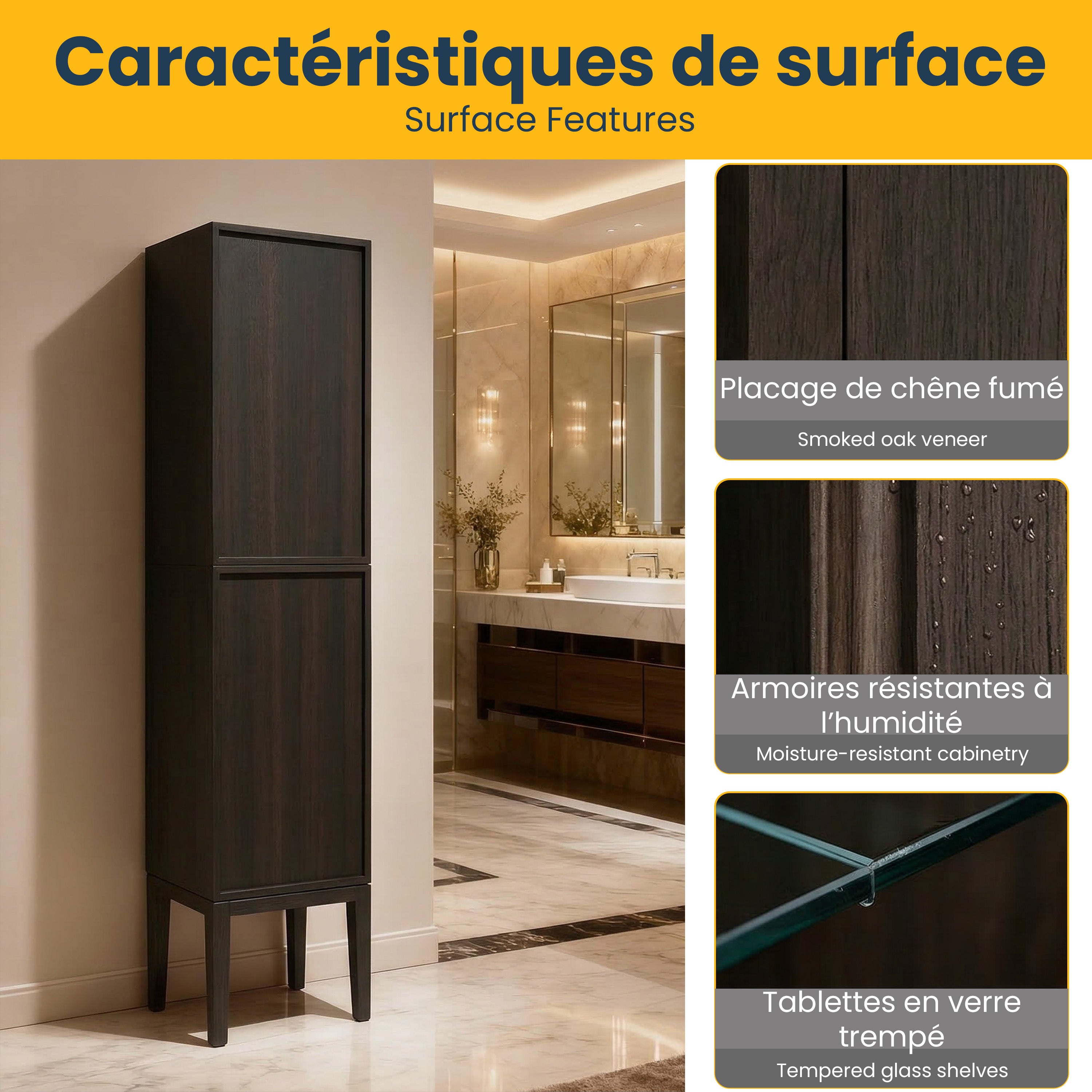 Armoire à linge sur pied 17po en chêne fumé avec portes à fermeture douce - Réversible