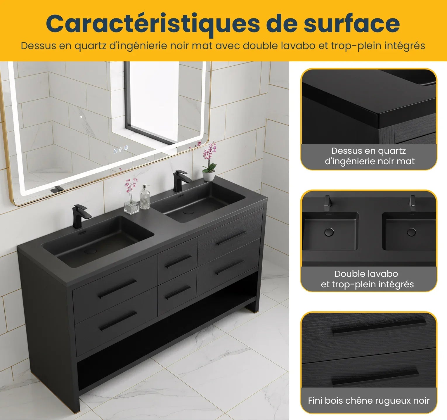 60" Black Oak Freestanding Double Sink Bathroom Vanity with Black Engineered Quartz Countertop