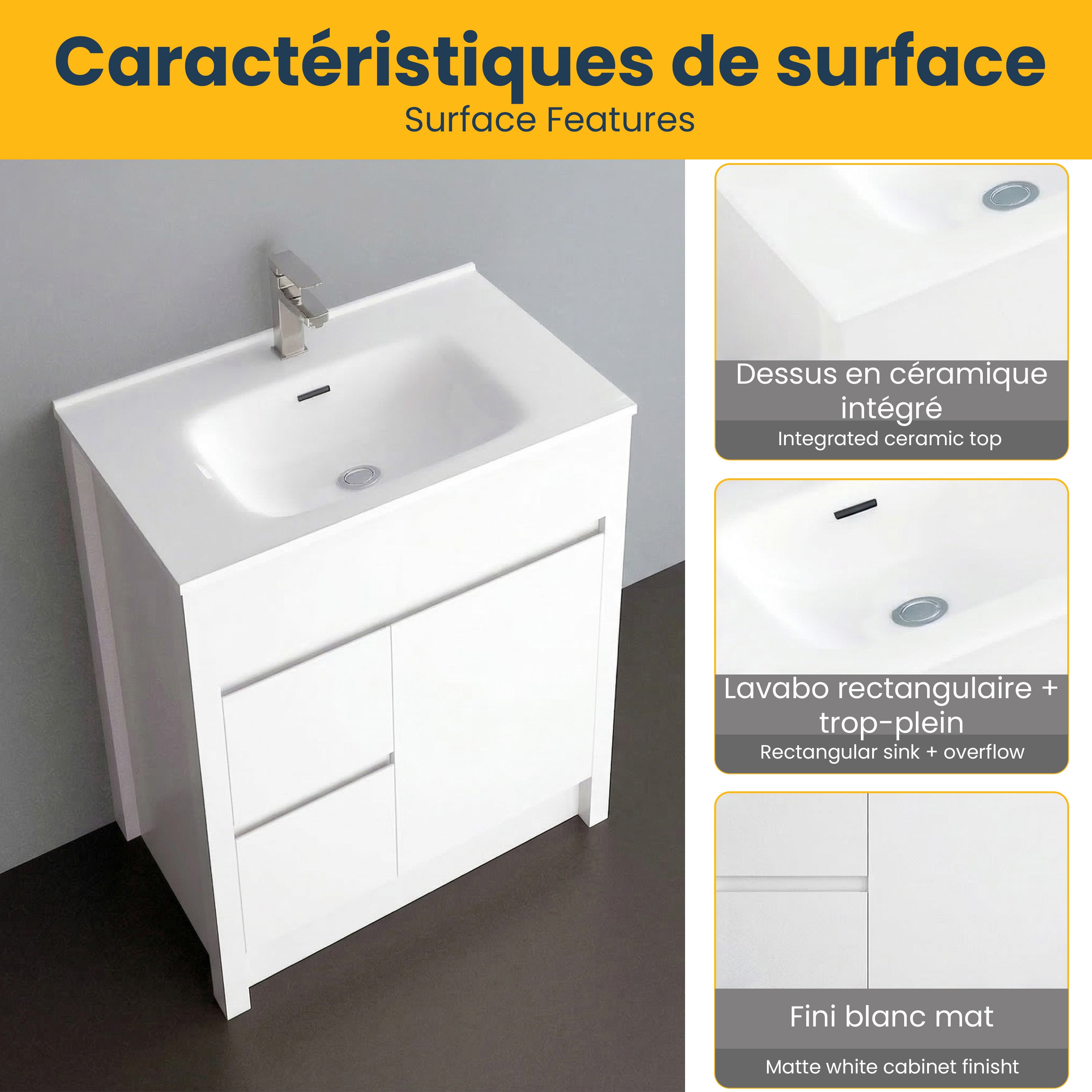 Meuble-Lavabo Autoportant 30po Blanc Mat avec Comptoir de Céramique Blanc