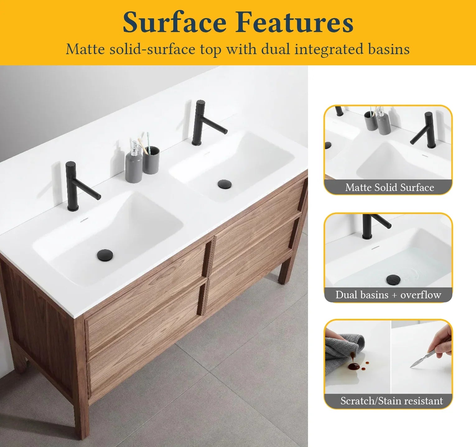 60" Natural Walnut Freestanding Double Sink Bathroom Vanity with White Solid Surface Countertop