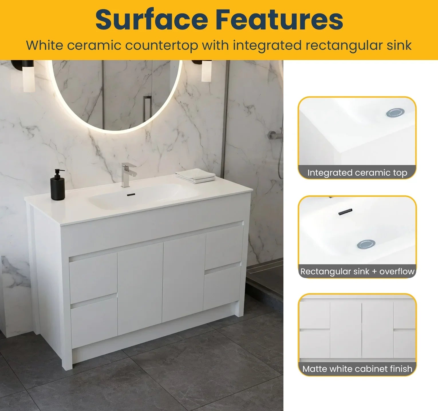 Meuble-Lavabo Autoportant 48po Blanc Mat avec Comptoir de Céramique Blanc