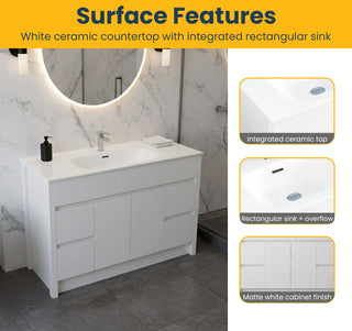48" Matte White Freestanding Bathroom Vanity with White Ceramic Countertop