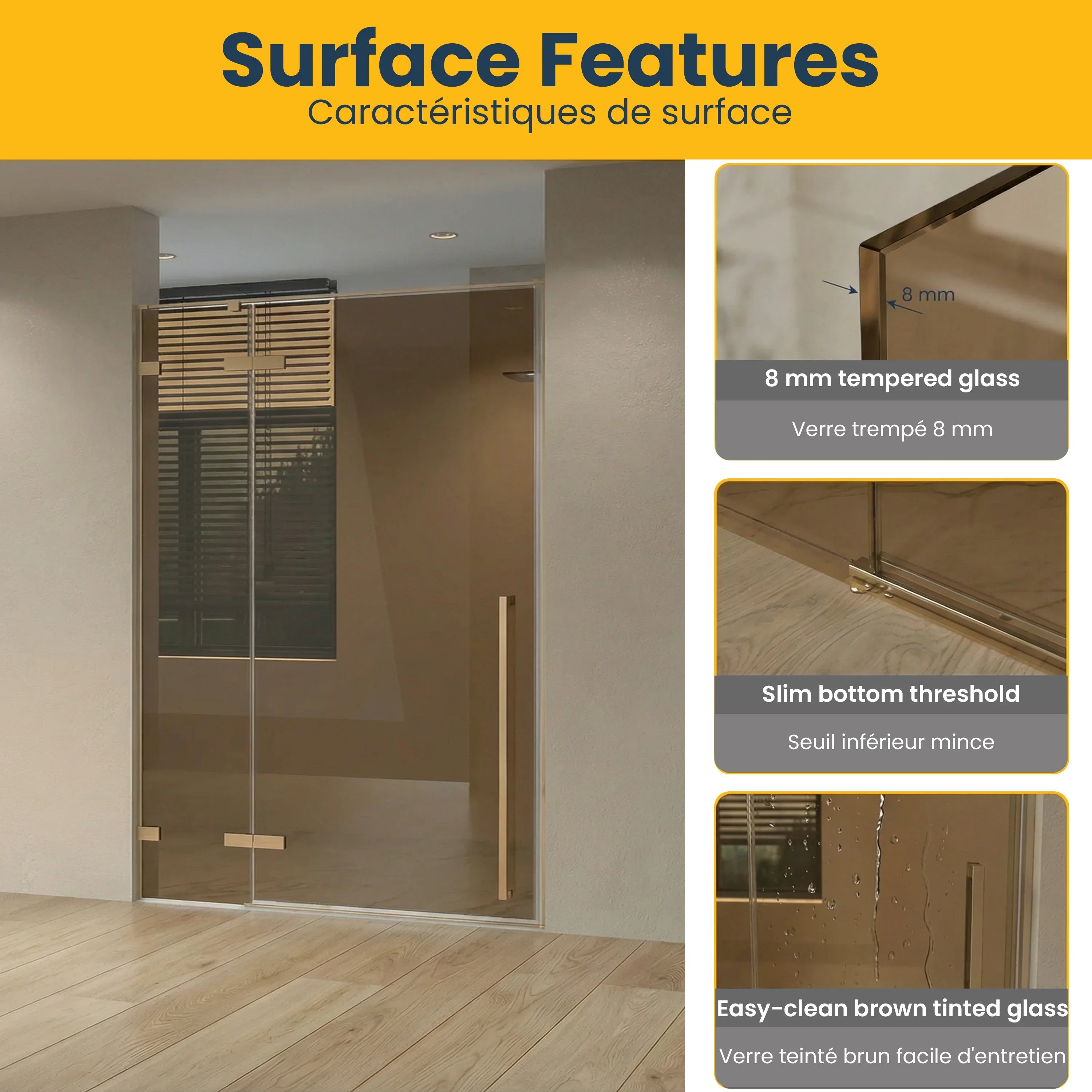 57.6"–58" x 79" Brushed Gold Reversible Pivot Shower Door with Brown Tinted Glass