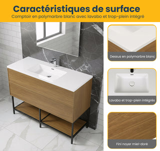 Meuble-Lavabo Mural 48po Noyer Miel Doré avec Comptoir de Polymarbre Blanc