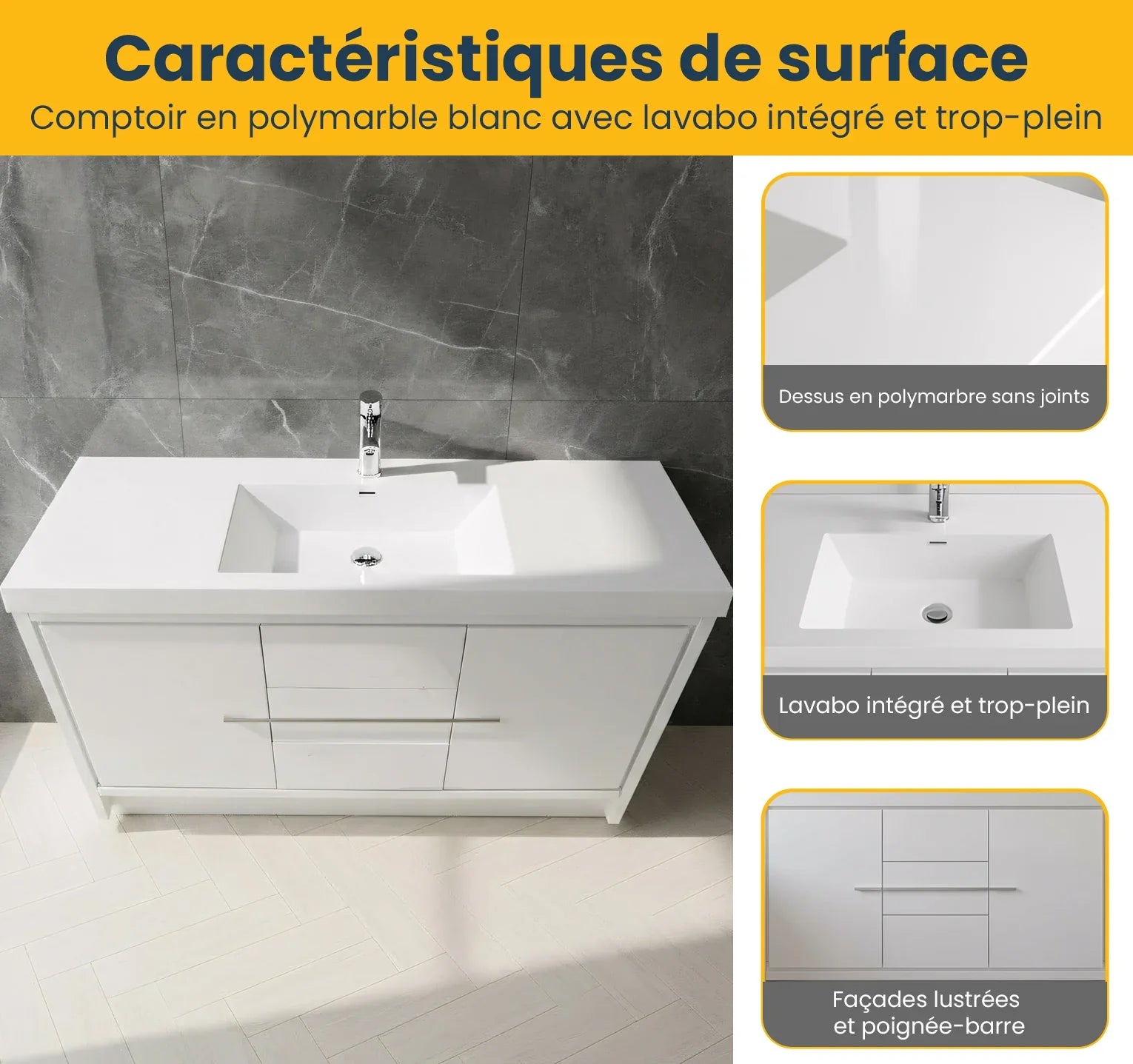 60" Glossy White Freestanding Single Sink Bathroom Vanity with White Polymarble Countertop