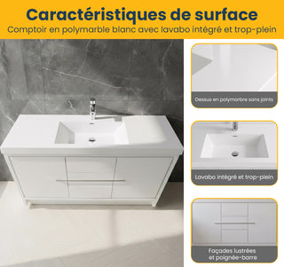 60" Glossy White Freestanding Single Sink Bathroom Vanity with White Polymarble Countertop