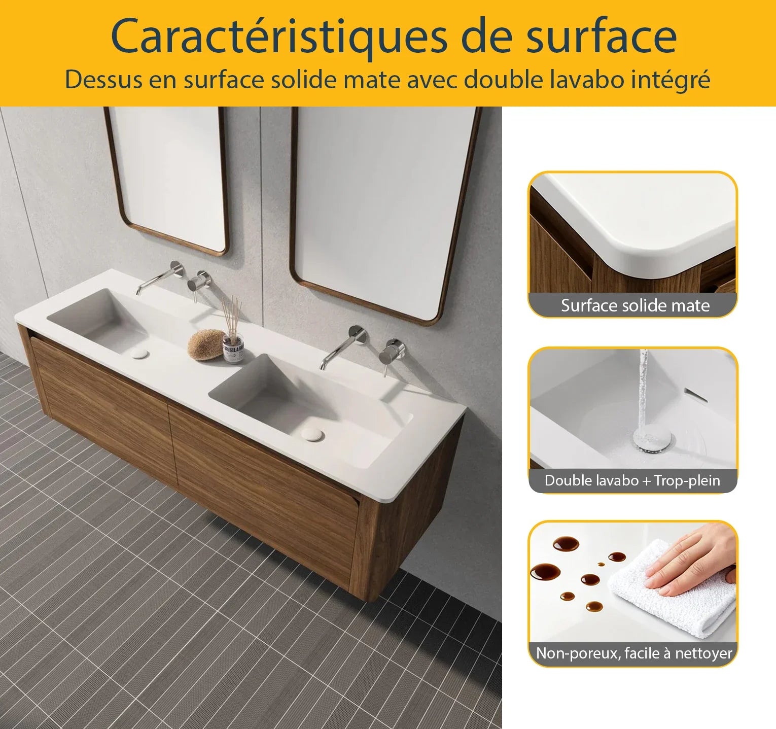 60" Walnut Wall Mount Double Sink Bathroom Vanity with Matte White Solid Surface Countertop