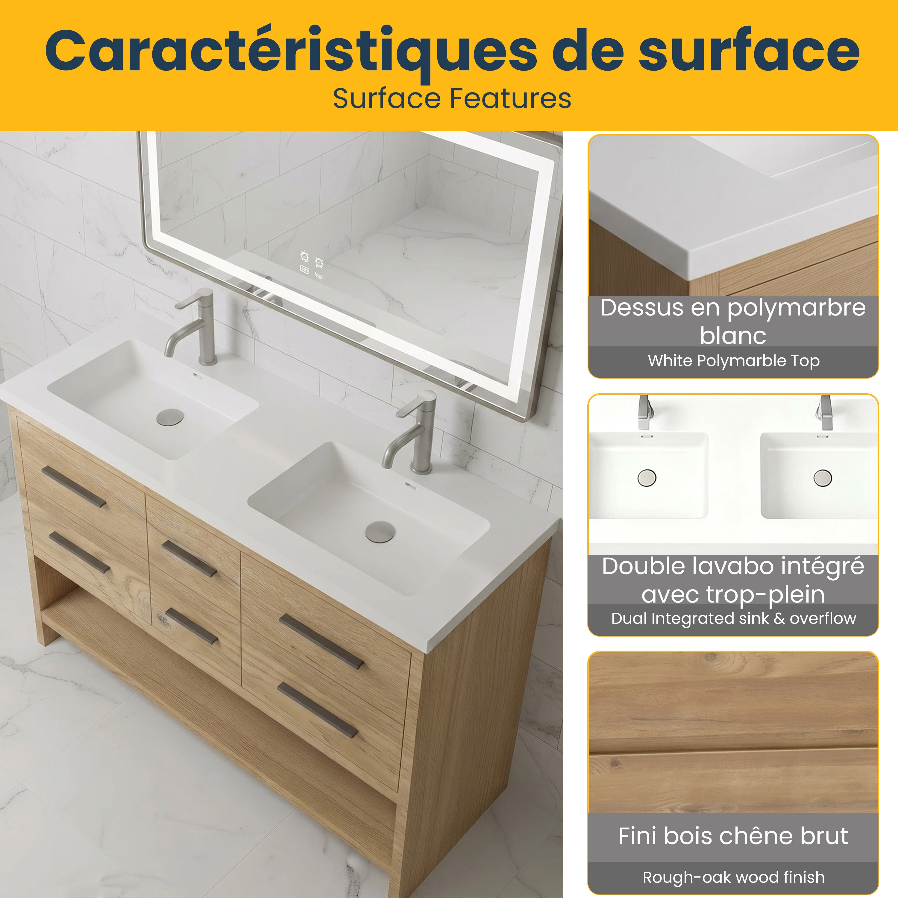 Meuble-Lavabo Autoportant 60po Chêne Brut avec Comptoir de Polymarbre Blanc