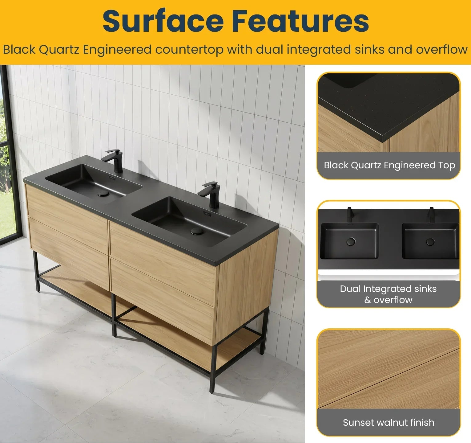 60" Sunset Walnut Wall Mount Double Sink Bathroom Vanity with Black Engineered Quartz Countertop