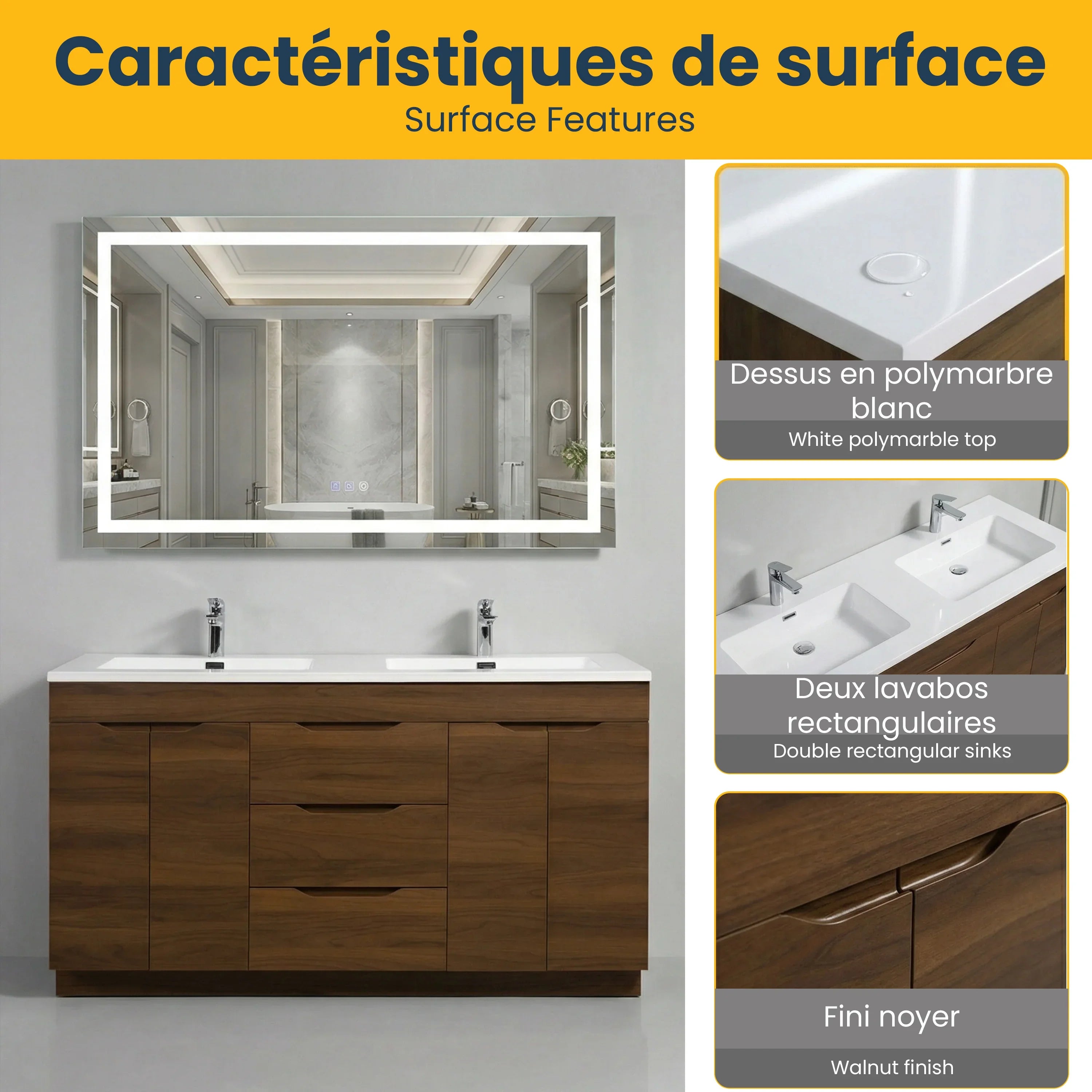 Meuble Lavabo Double Noyer 60 po avec Comptoir Polymarbre Blanc - Collection Augusta