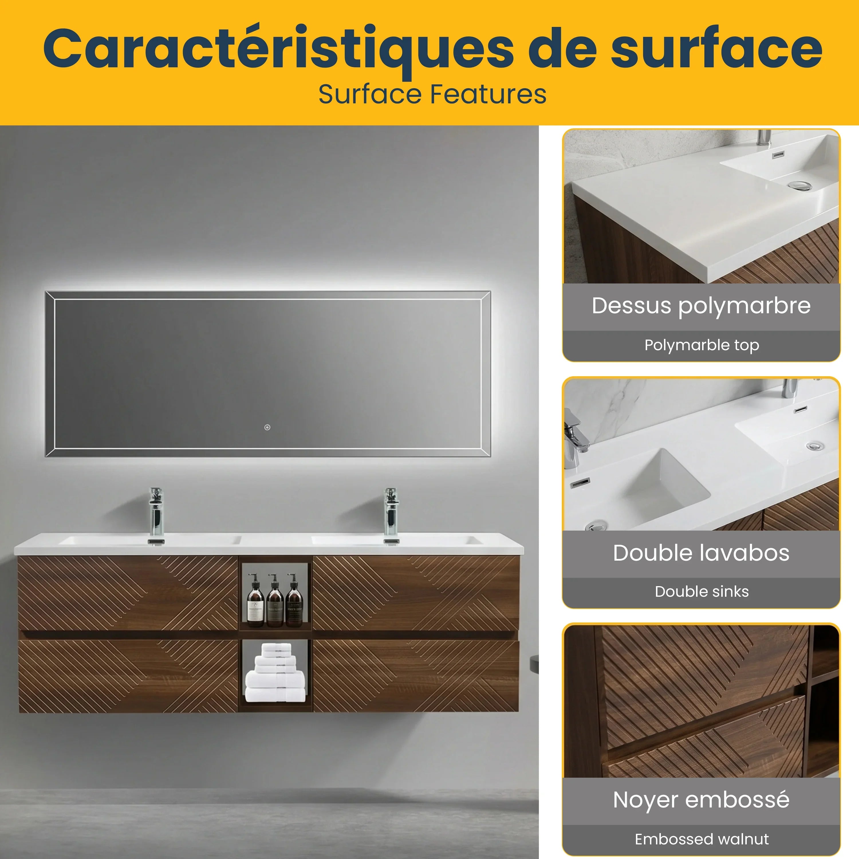 Meuble-Lavabo Mural 72po Noyer avec Comptoir de Polymarbre Blanc
