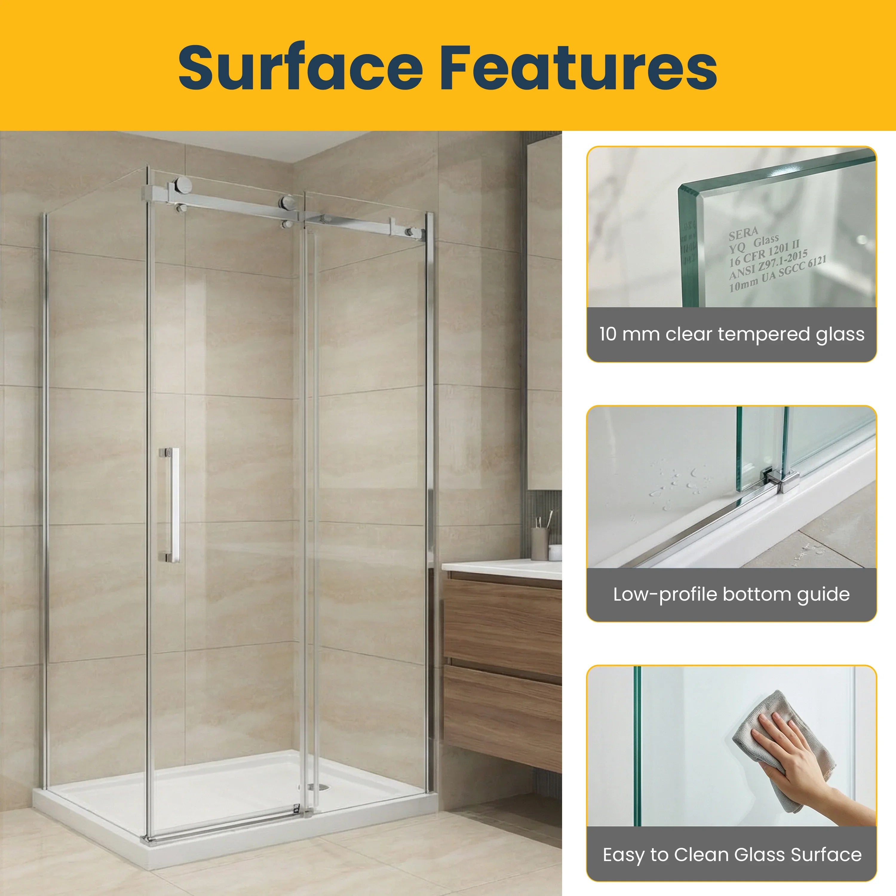 48" x 36" x 75" Reversible Sliding Shower Door with Chrome Square Hardware - 10mm Tempered Glass