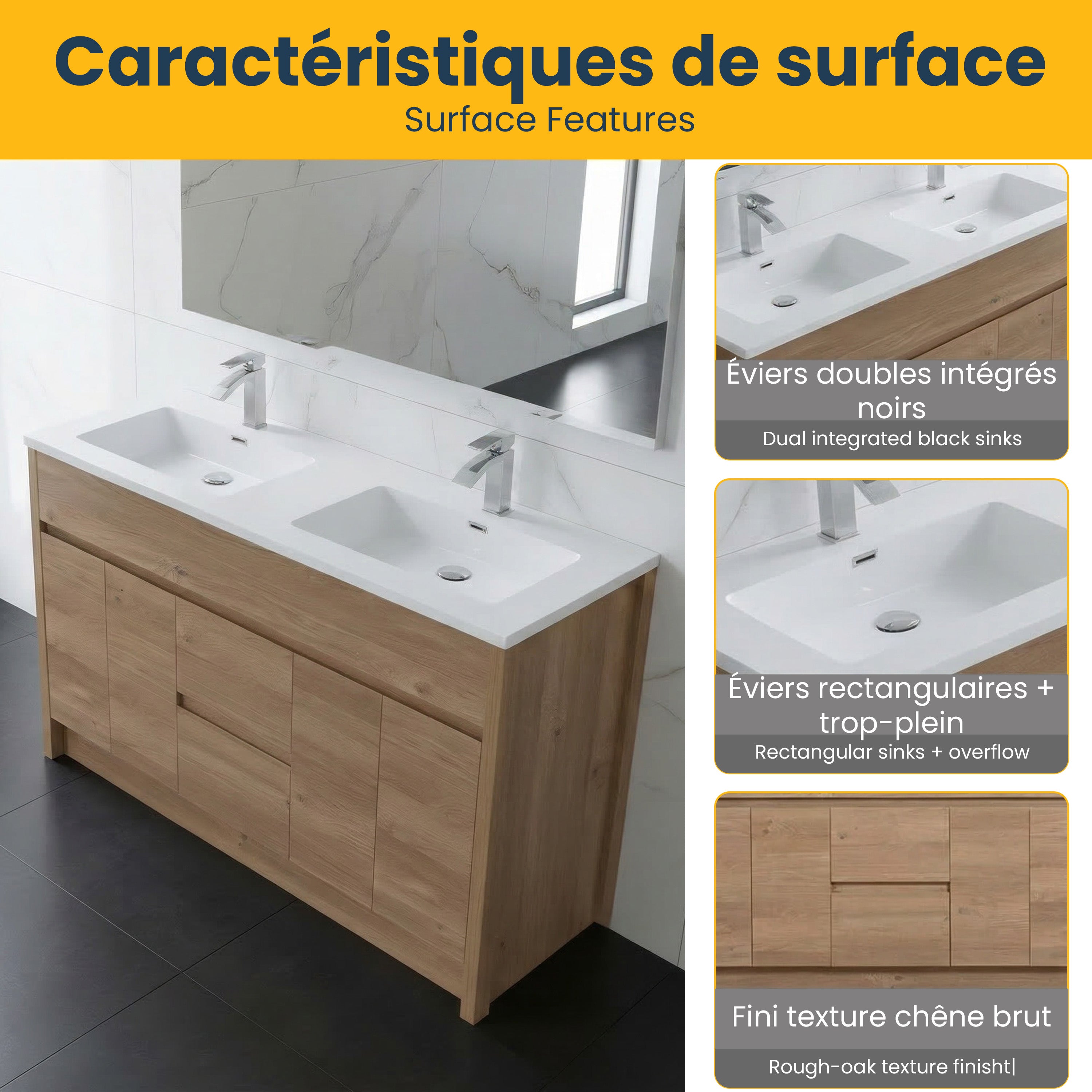 Meuble-Lavabo Autoportant 60po Chêne Brut avec Comptoir de Polymarbre Blanc 