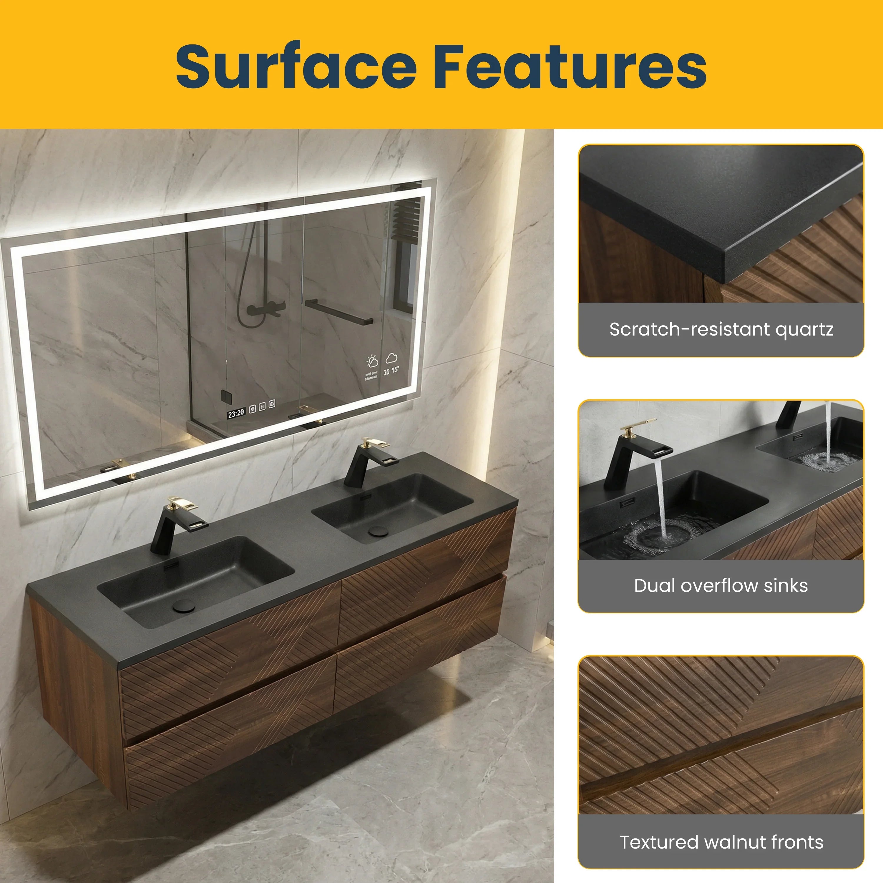 60" Walnut Wall Mount Double Sink Bathroom Vanity with Black Engineered Quartz Countertop