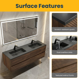 Meuble-Lavabo Mural 60po Noyer avec Comptoir de Quartz d'ingénierie Noir