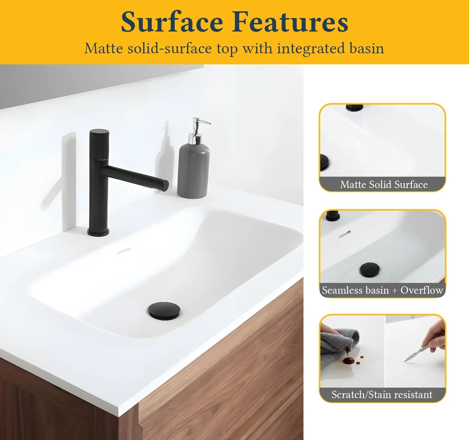 36" Natural Walnut Freestanding Bathroom Vanity with White Solid Surface Countertop