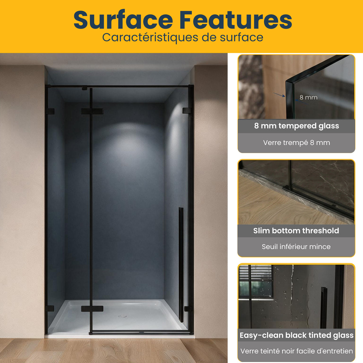 45.6"–46" W (Adjustable Width) x 79" H Frameless Reversible Pivot Shower Door in Matte Black with Black Tinted Glass