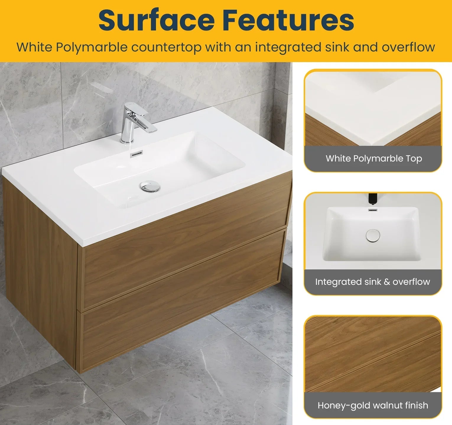 36" Honey Gold Walnut Wall Mount Bathroom Vanity with White Polymarble Countertop