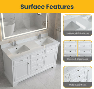 60" White Freestanding Double Sink Bathroom Vanity with Engineered Calcutta Marble Countertop