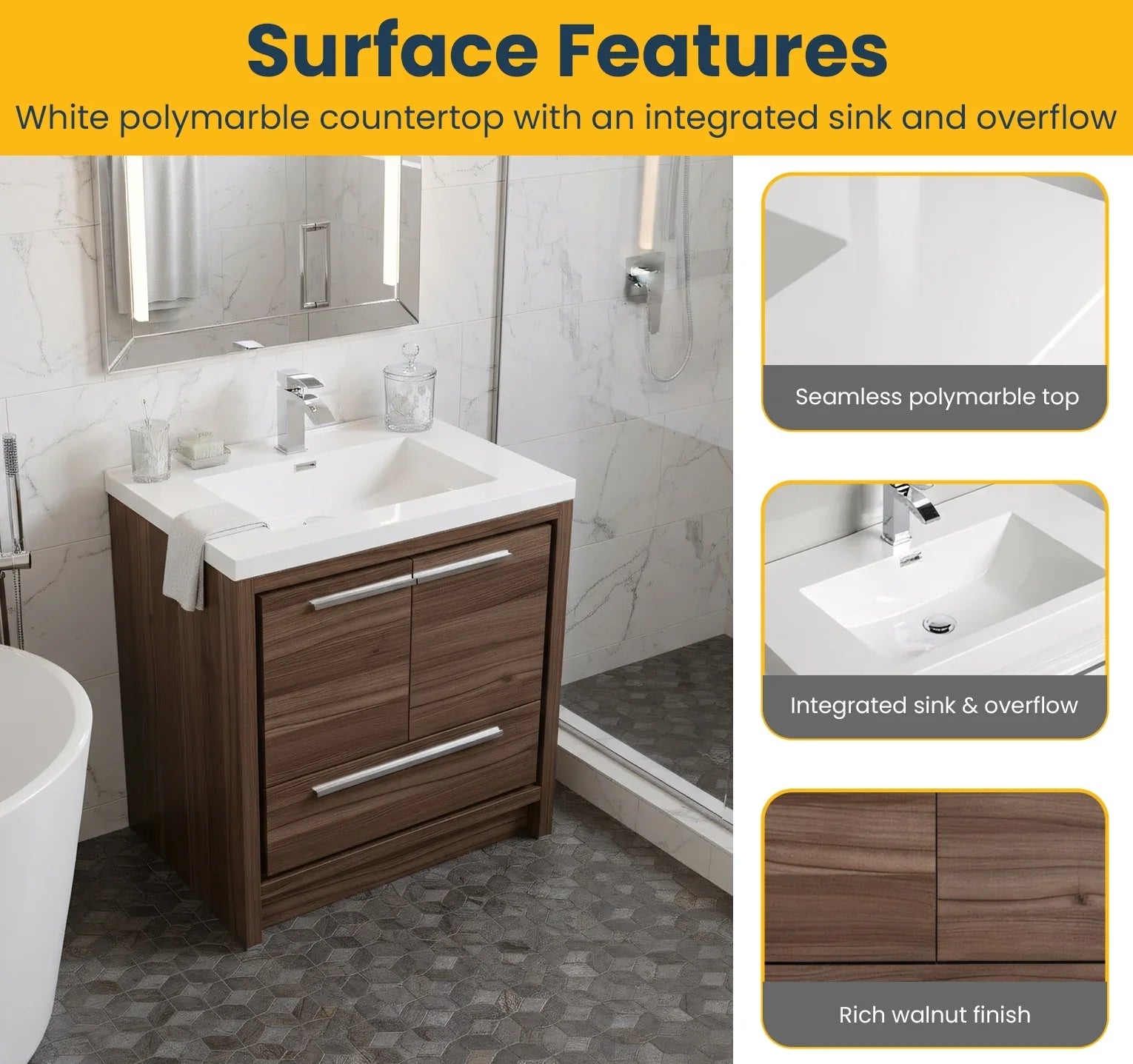 Meuble-Lavabo Autoportant 30po Noyer avec Comptoir de Polymarbre Blanc 